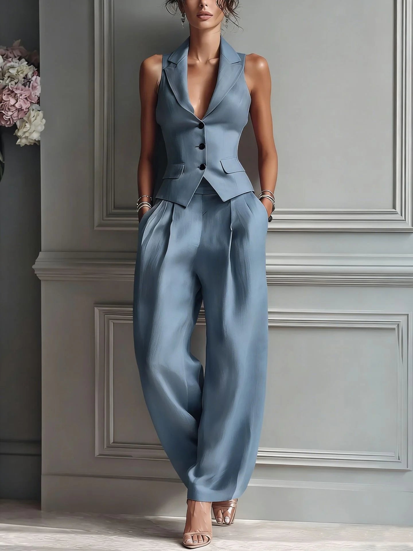 PAULA | Traje de dos piezas con cuello en V y botones