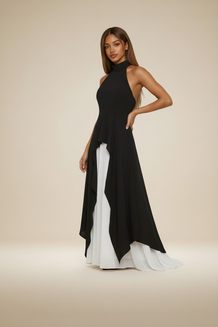 Vestido blanco y negro en modelo con fondo profesional